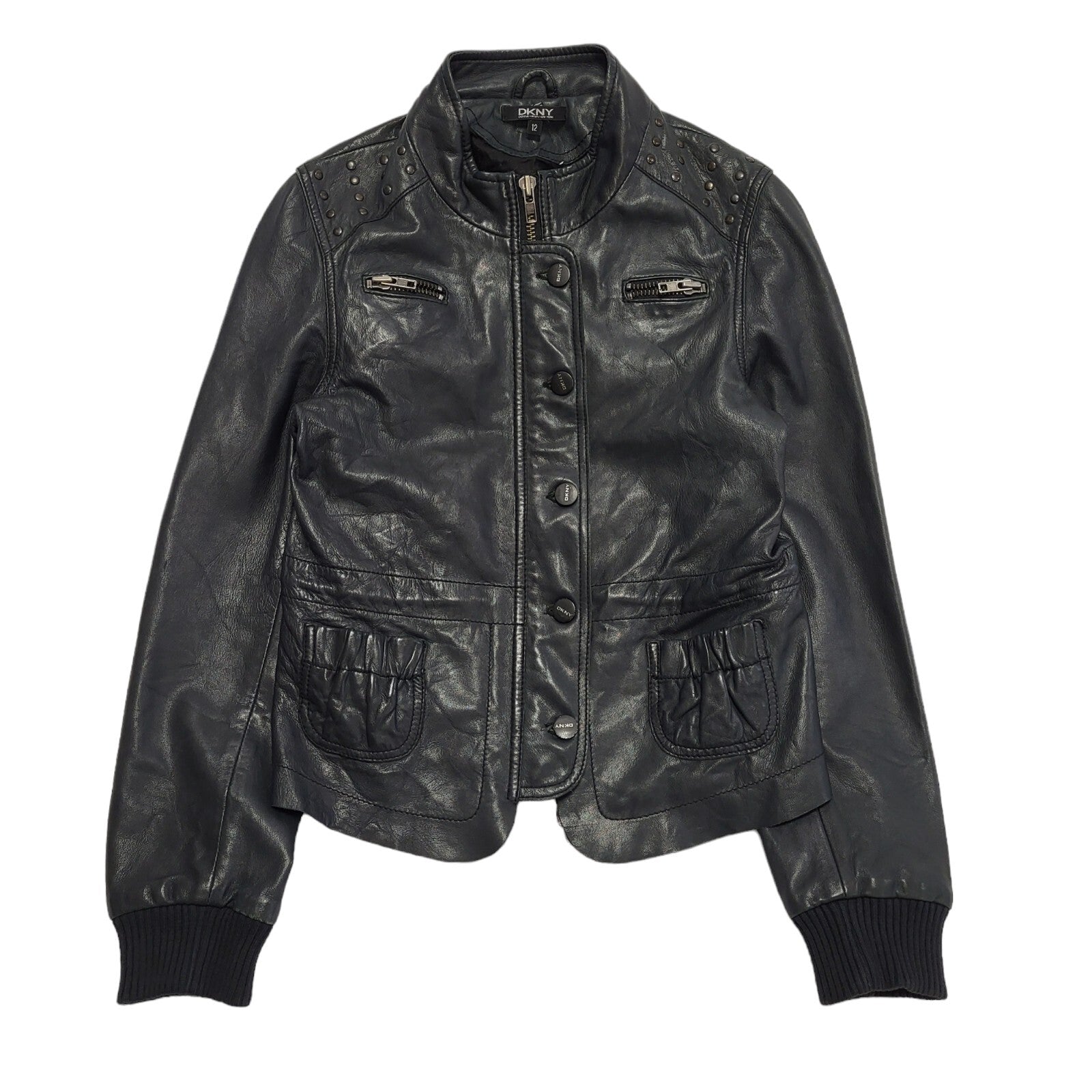 DKNY Black Y2K Vintage Zipped Leather Jacket Uk Girl's Age 12 Yrs