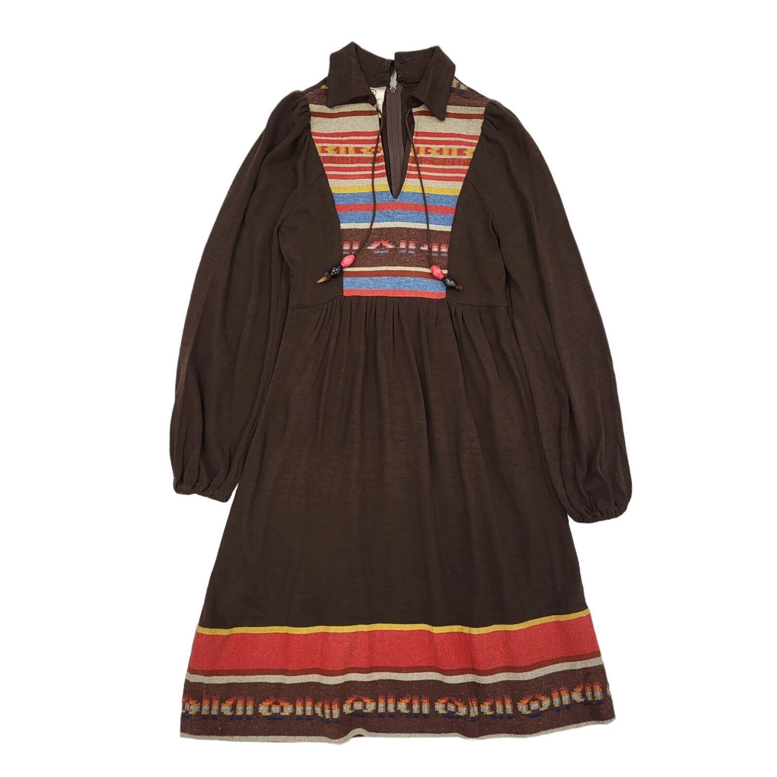 C&A 70s Vintage Brown V-Neck Collared Smock Dress Women's 10