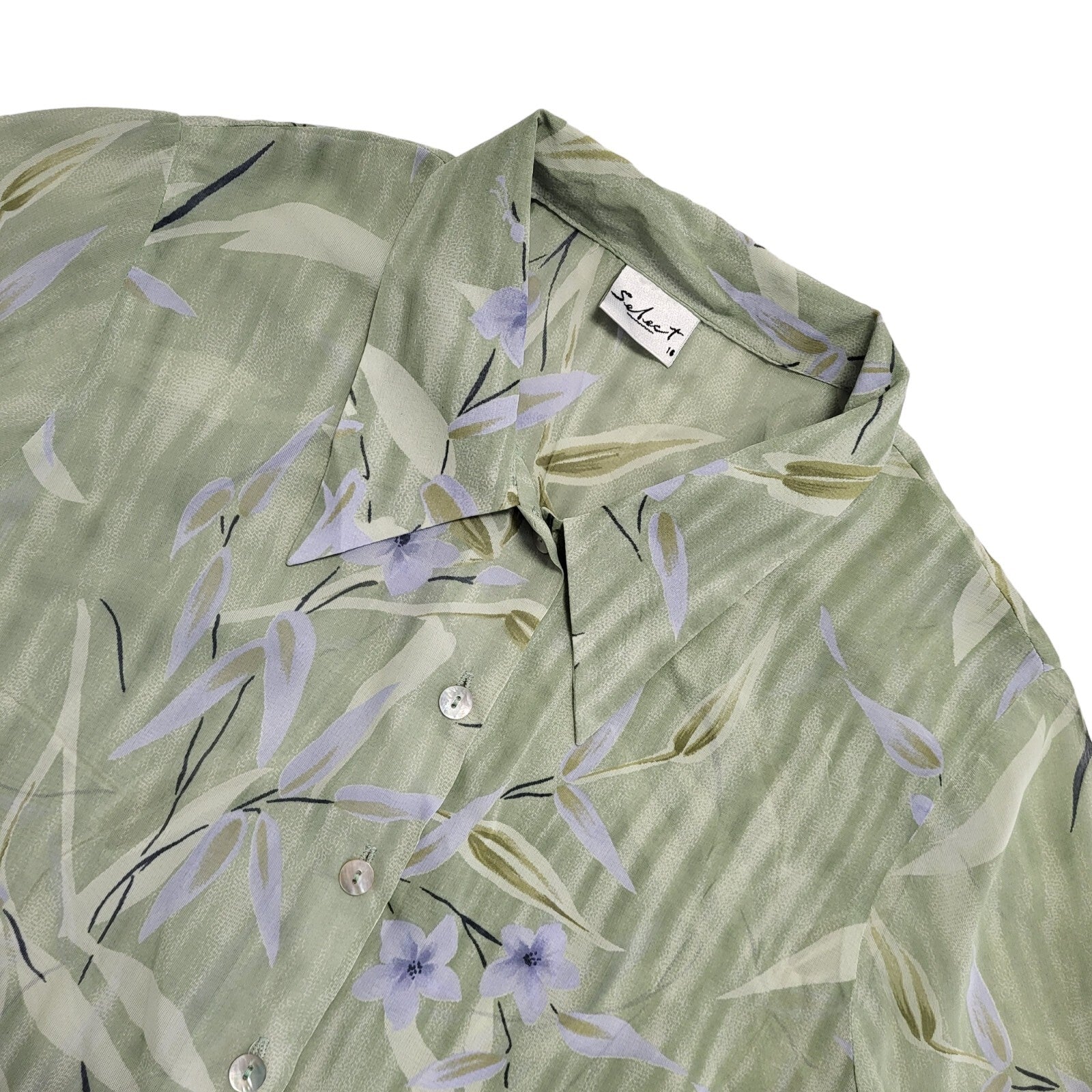 Select 90's Green & Blue Floral Short Sleeve Blouse Womens UK Size 16