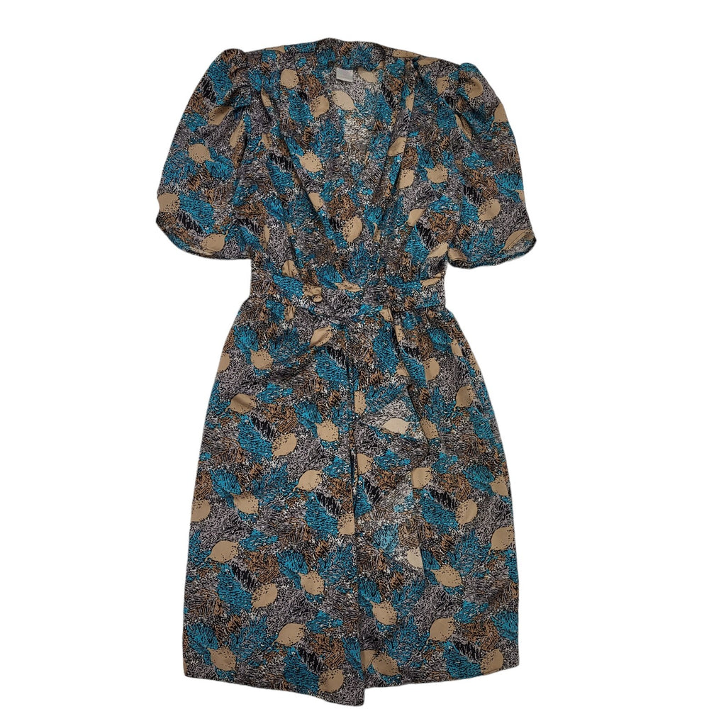 Paige 80s Vintage Abstract Tan & Teal Front Split  Wrap Dress Women's 12