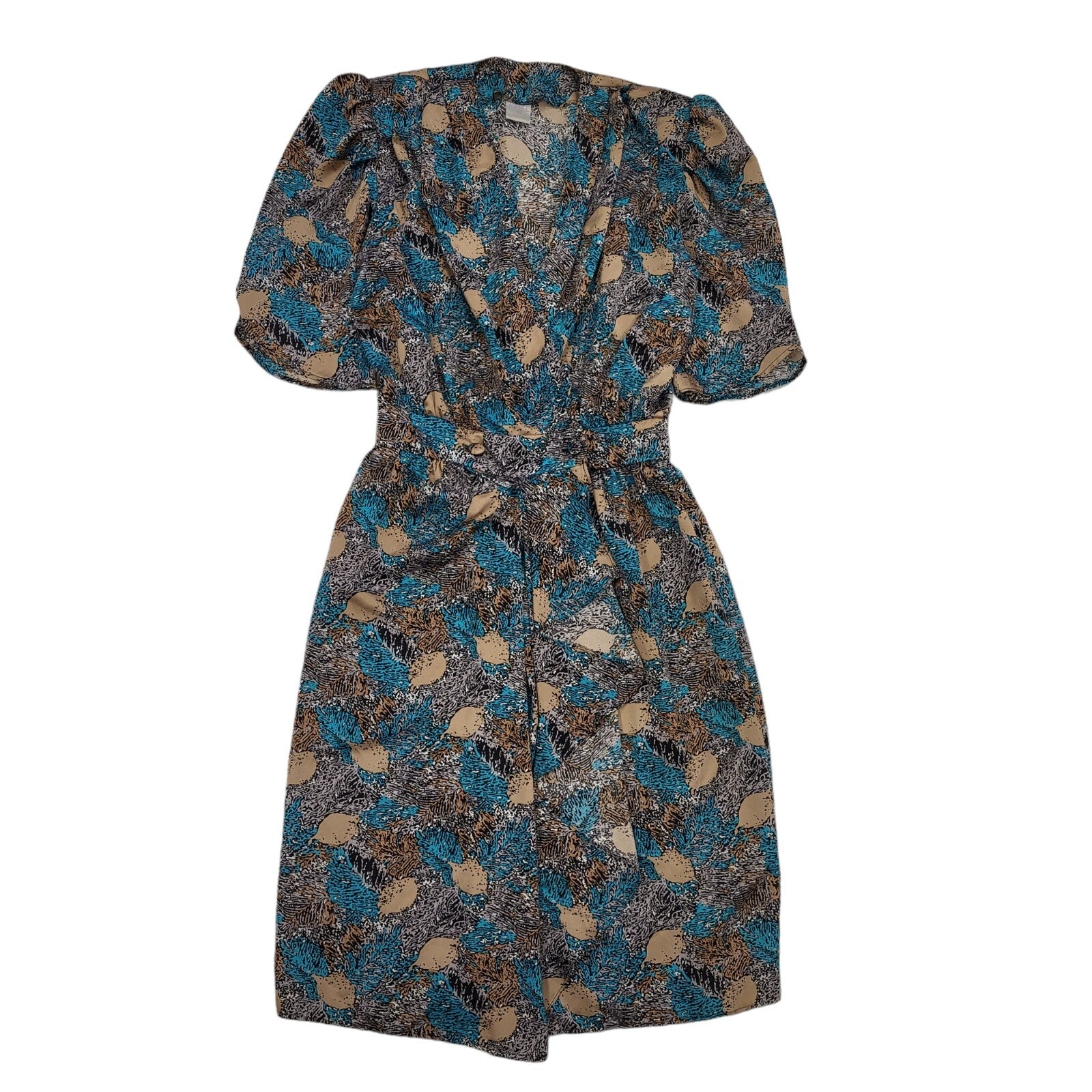 Paige 80s Vintage Abstract Tan & Teal Front Split  Wrap Dress Women's 12