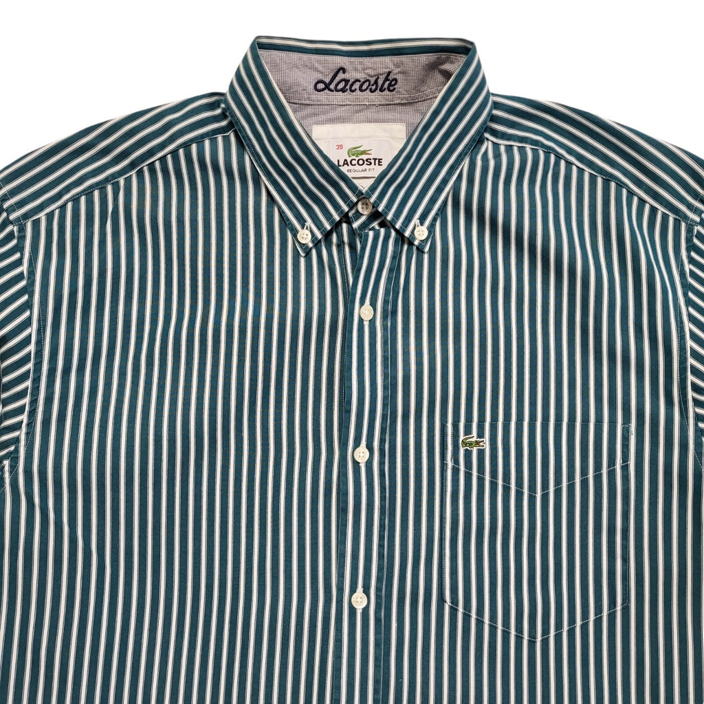 Lacoste 90's Vintage Green & White Striped Long Sleeve Shirt Mens UK Size M