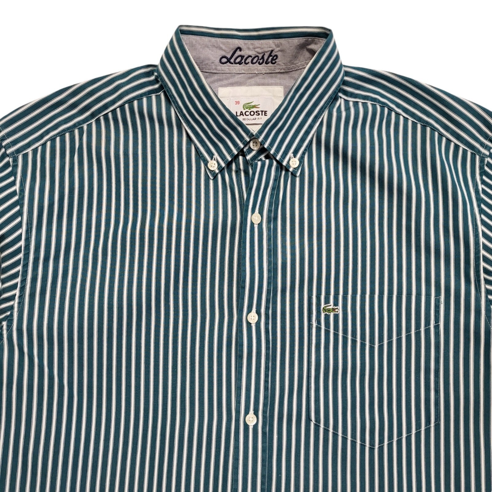 Lacoste 90's Vintage Green & White Striped Long Sleeve Shirt Mens UK Size M