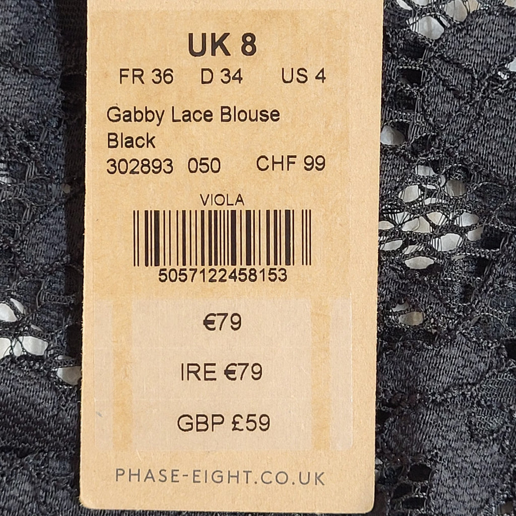Phase Eight Gabby Black Lace Blouse Y2K 3/4 Sleeve BNWT UK Women's Size 8