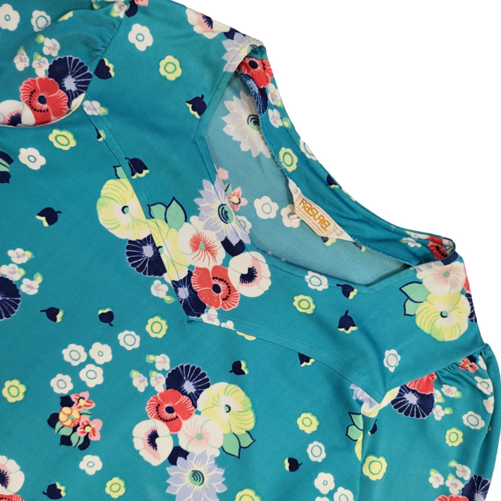 Rasurel 70s Teal Floral Midi Shift Dress Women's 14/16