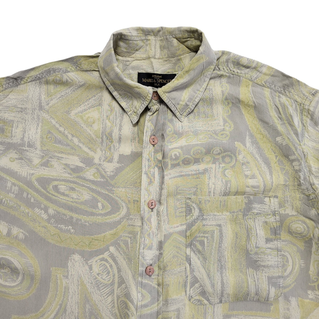 M&S 90s Green Abstract Short Sleeve Retro Shirt Uk Men's Size Medium
