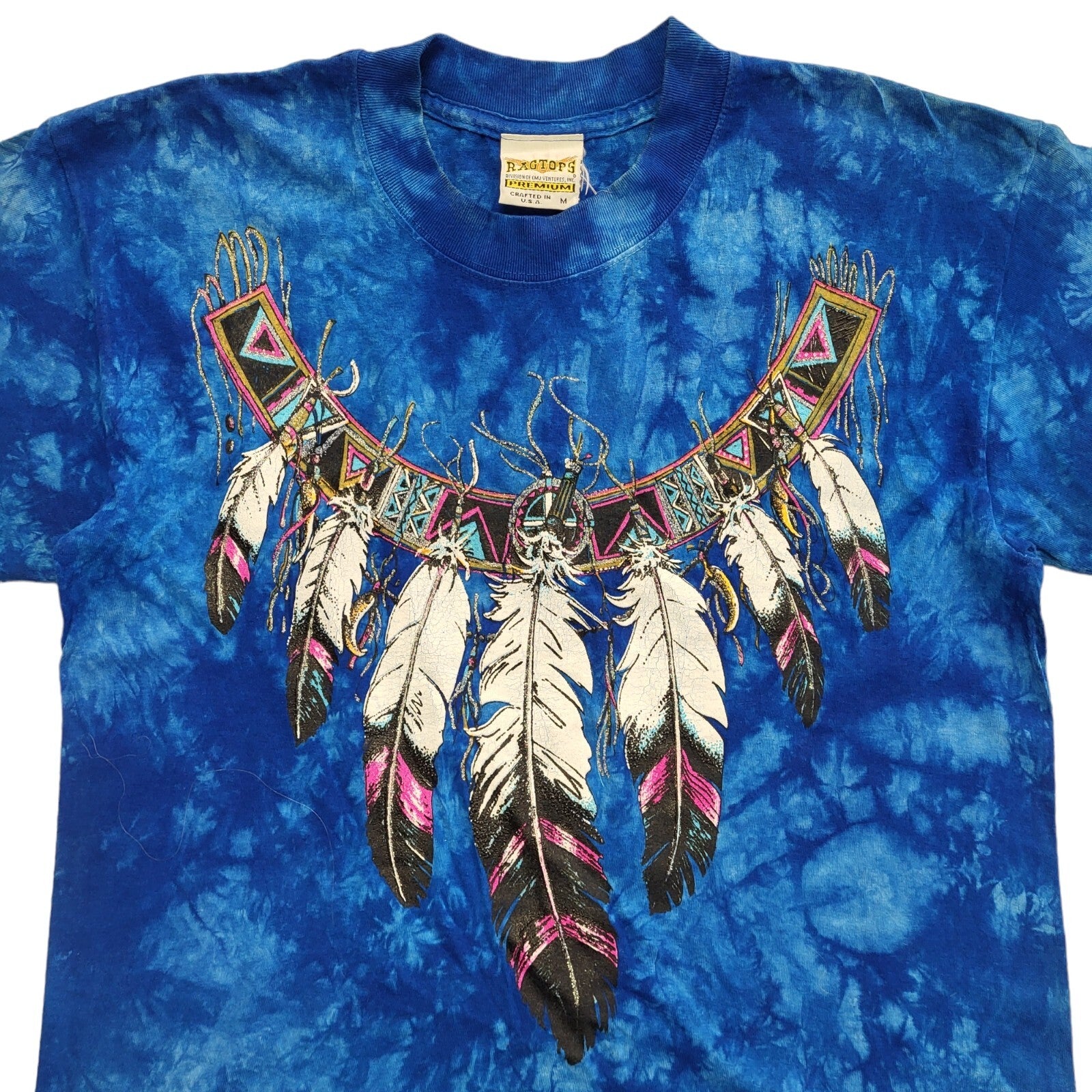 Ragtops Vintage 90's Blue Feather Print Tee Short Sleeve Womens Size Medium