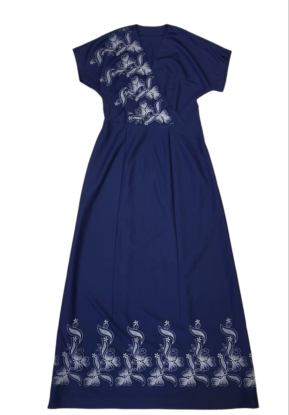 70s Vintage Blue Floral Stitch Wrap Maxi Dress Women's Size 12