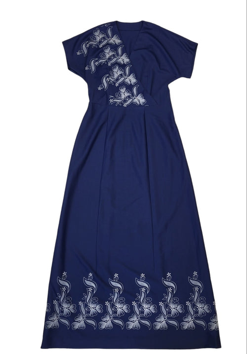70s Vintage Blue Floral Stitch Wrap Maxi Dress Women's Size 12
