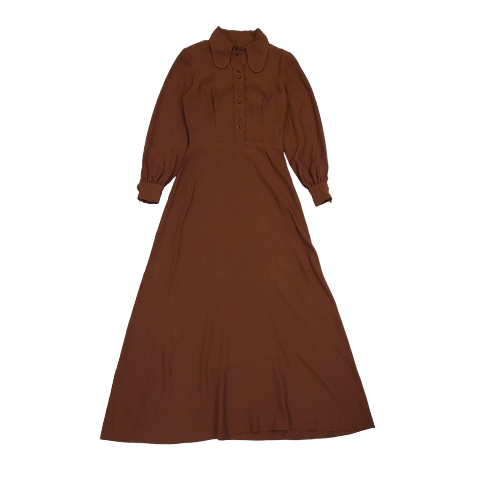 70s Vintage Brown Collared Long Sleeve Maxi Dress Women's 8
