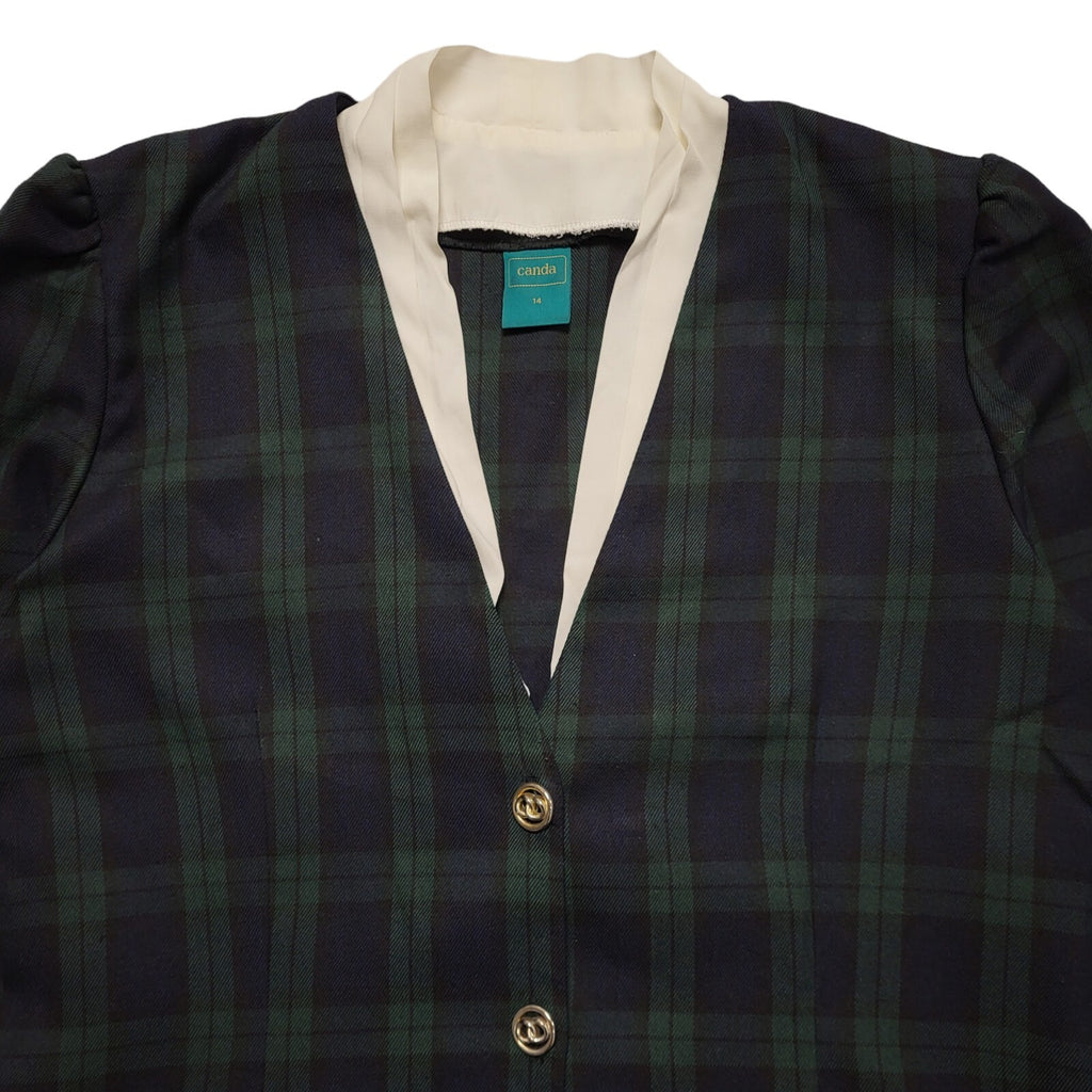 Canda Vintage 70s Blue Green Check 3/4 Sleeve Dress Uk Women's Size 14 W32