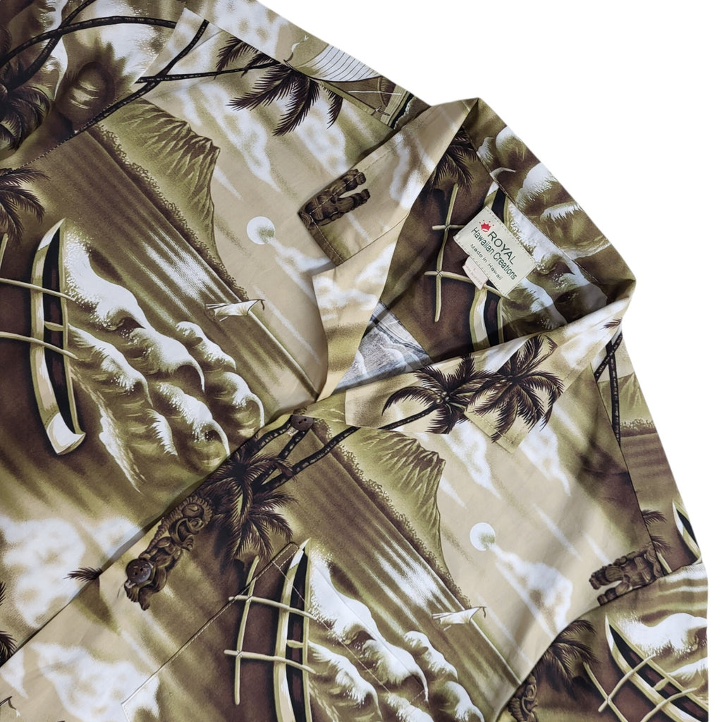Royal Hawaiian Palm Tree Print Brown Short Sleeve Shirt Men's UK Size L