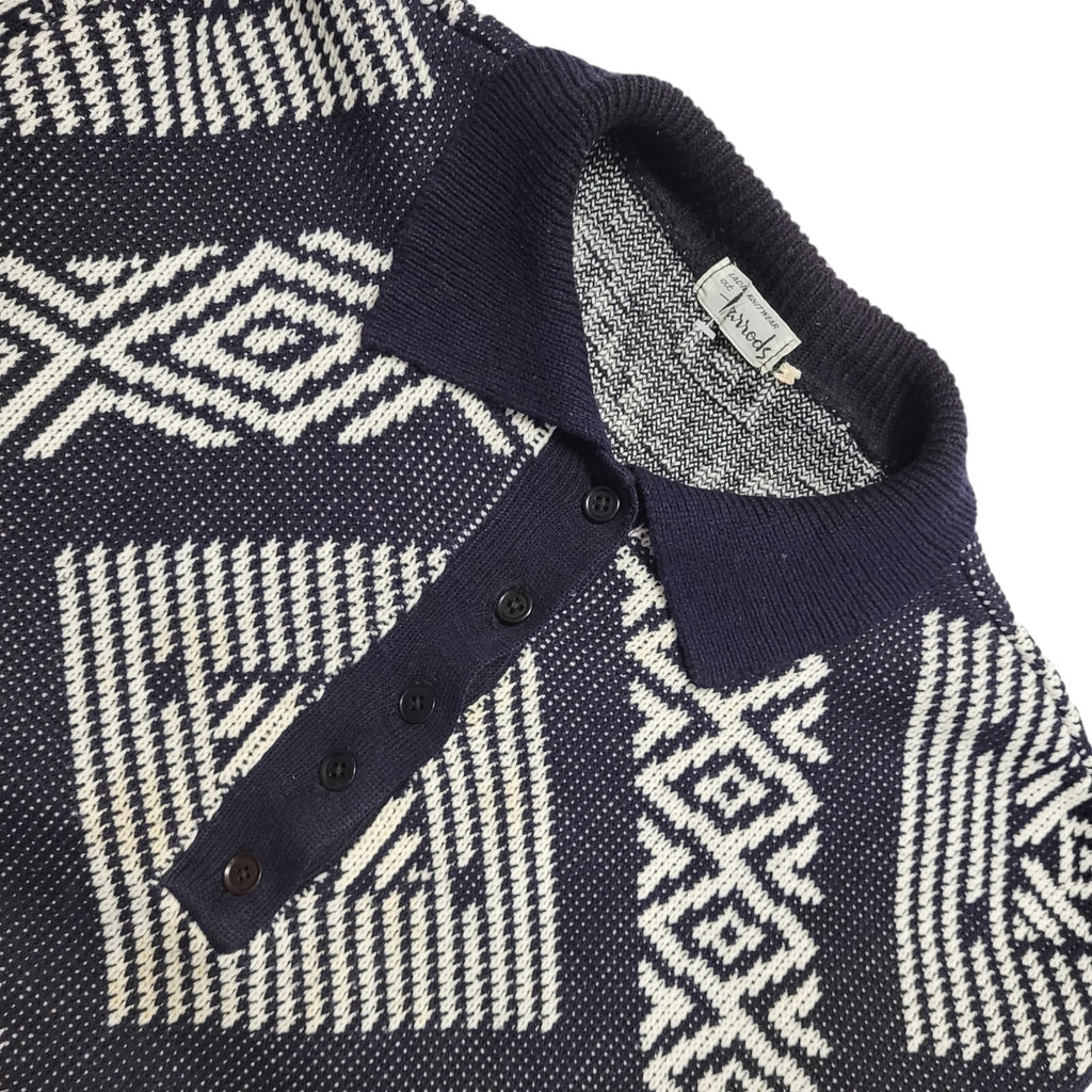 Harrods Vintage 80's Blue & White Button Up Collared Jumper Womens UK 16