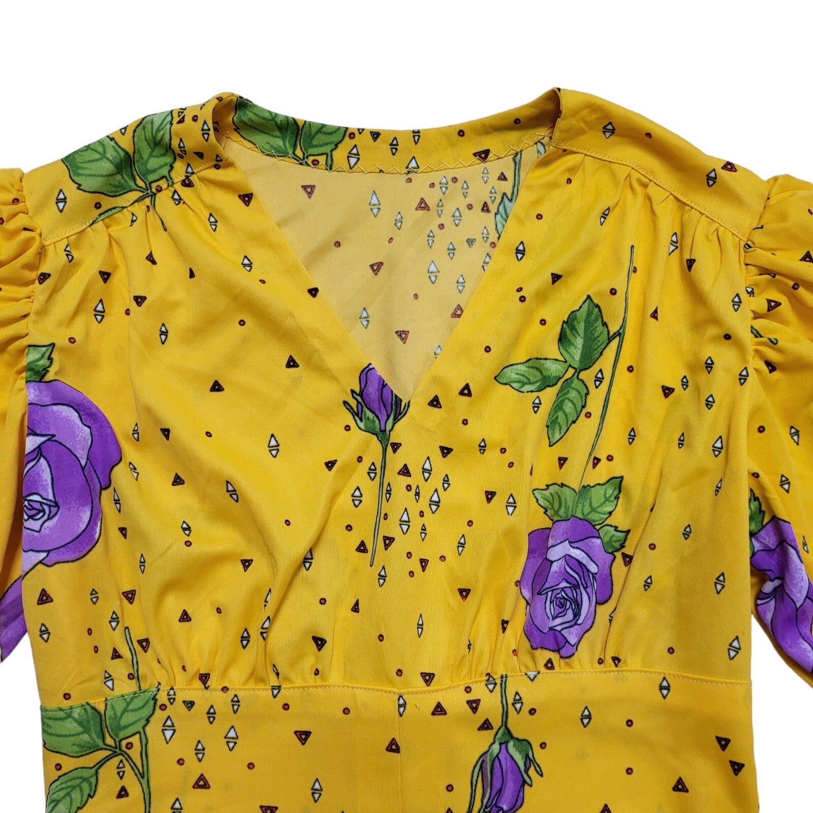 70s Vintage Yellow Purple Rose Short Sleeve A-Line Maxi Dress Women's Size 8