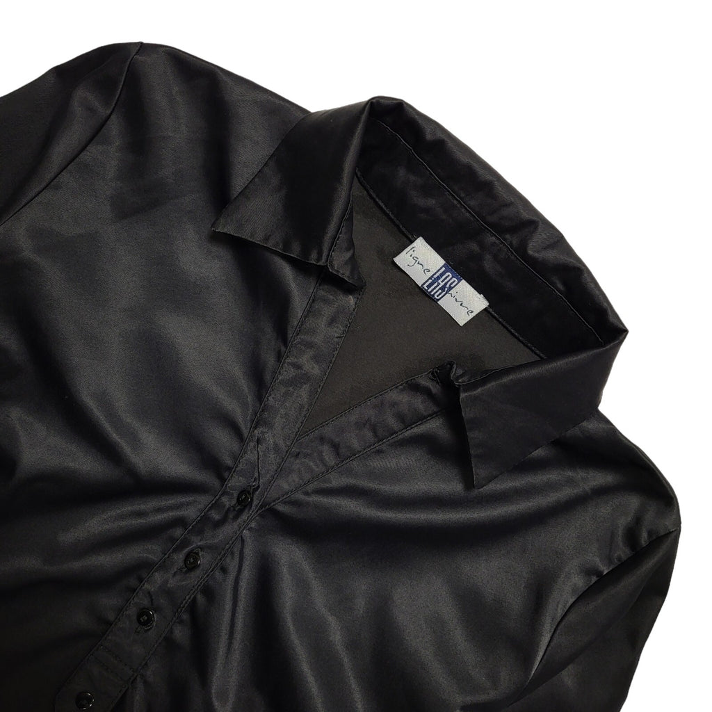 LAS Black Satin Vintage 90's 1/2 Button Collared Blouse Womens UK 10
