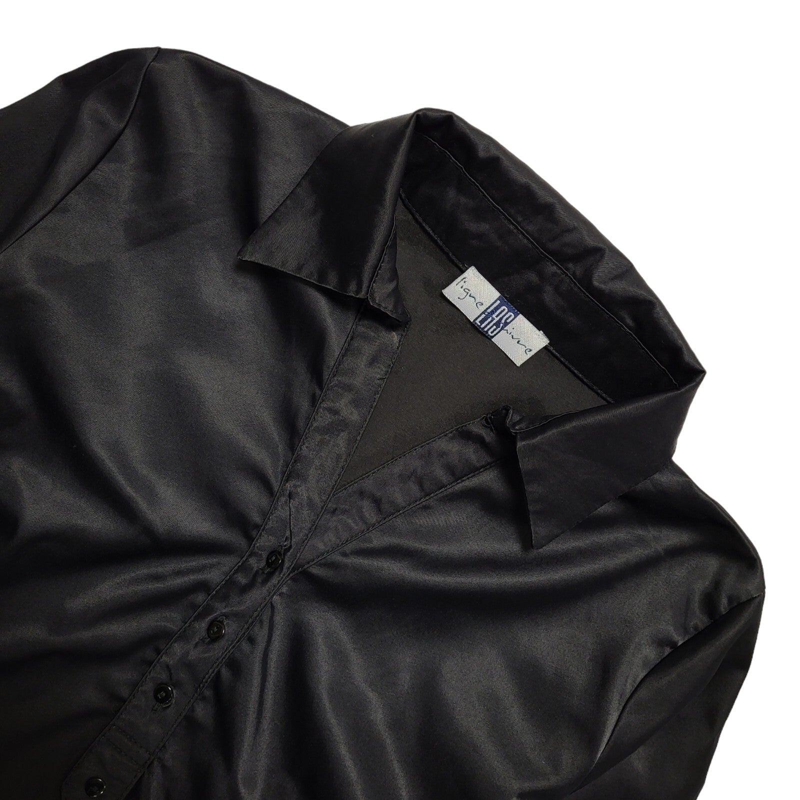 LAS Black Satin Vintage 90's 1/2 Button Collared Blouse Womens UK 10