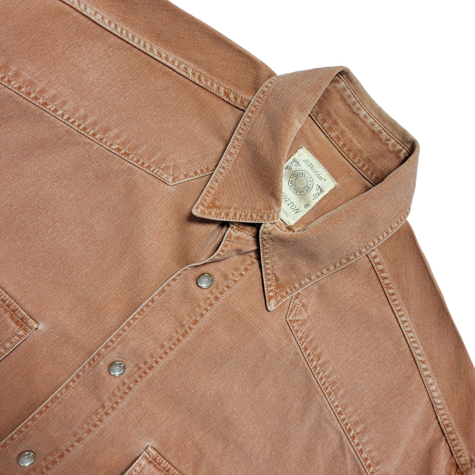 St Michael 80's Salmon Denim Pearl Snap Long Sleeve Shirt Mens UK Size S