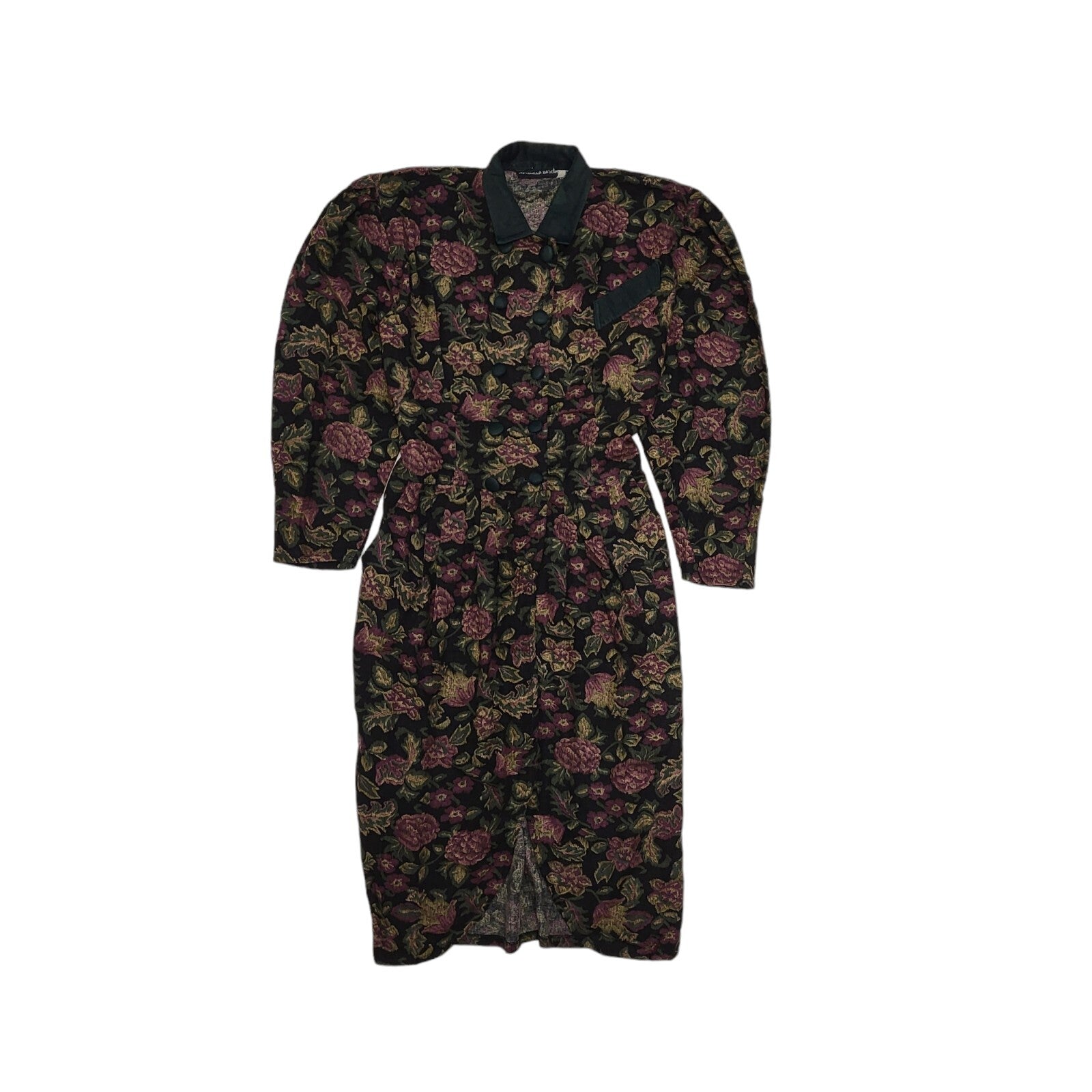 80s Vintage Black Floral Button Daywear Dress Women's 12/14