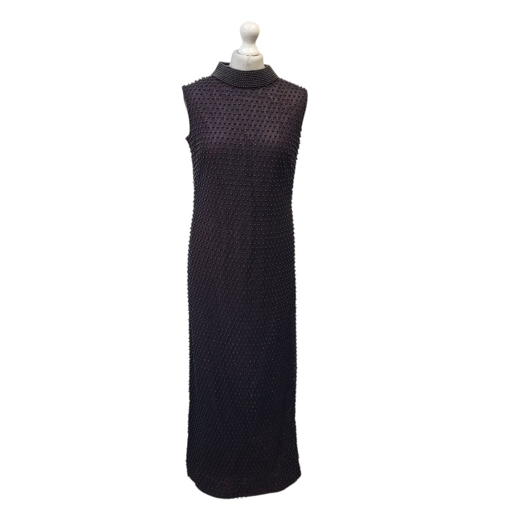 Ellis  Vintage 70's Black Burgundy Beaded Heavy Lace Long Dress Womens UK L 12