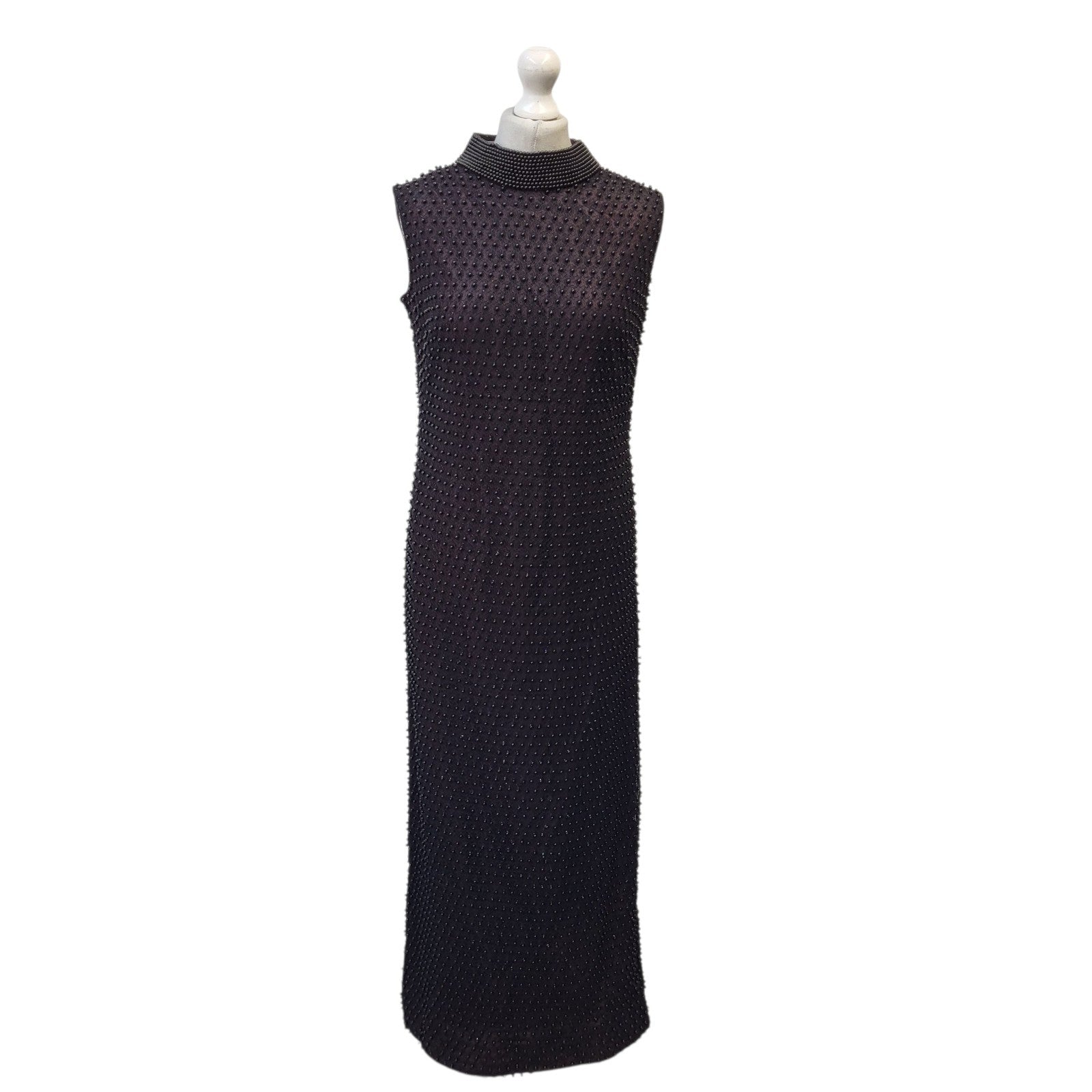 Ellis  Vintage 70's Black Burgundy Beaded Heavy Lace Long Dress Womens UK L 12