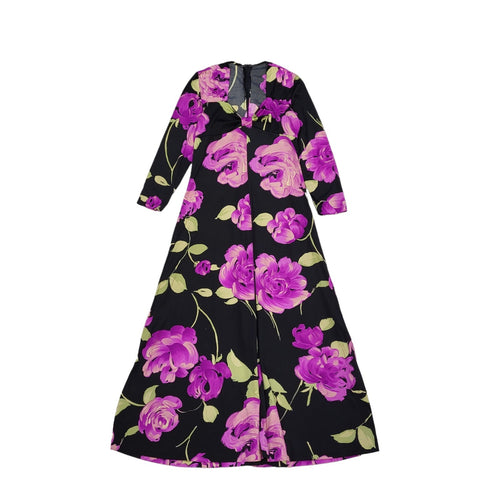 70s Vintage Purple Floral V-Neck Long Sleeved Maxi Dress Women's 10