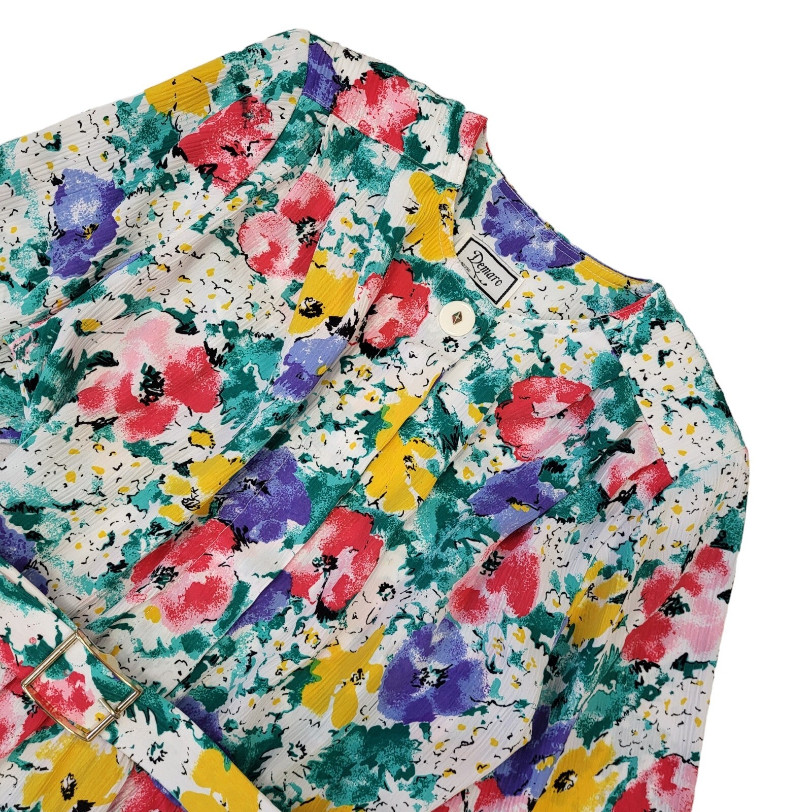 Demaro Vintage 80s White Purple Green Floral Belted Dress Uk Women's Size 10