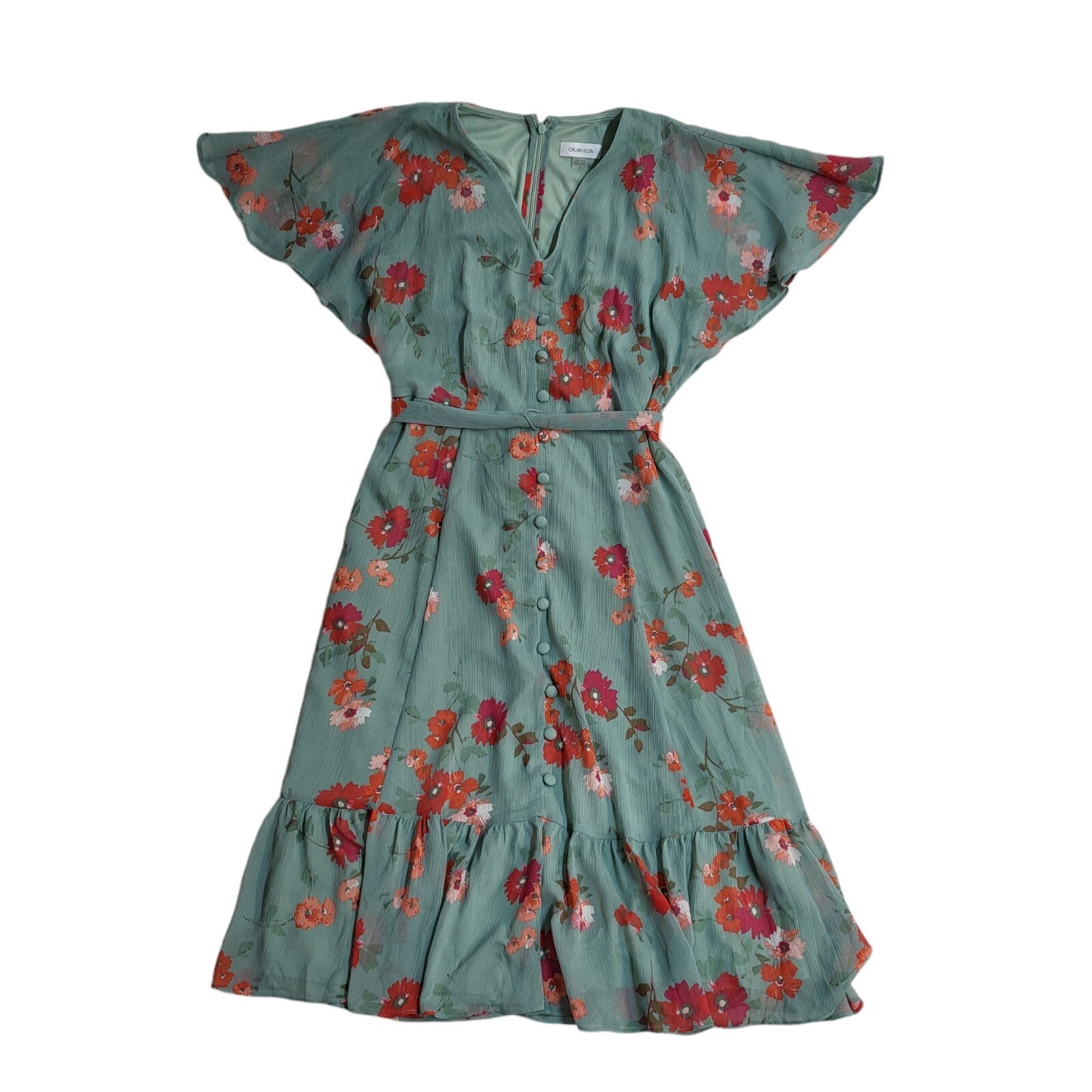 Calvin Klein Green & Pink Floral V-Neck Short Sleeve Dress Women's UK Size 12
