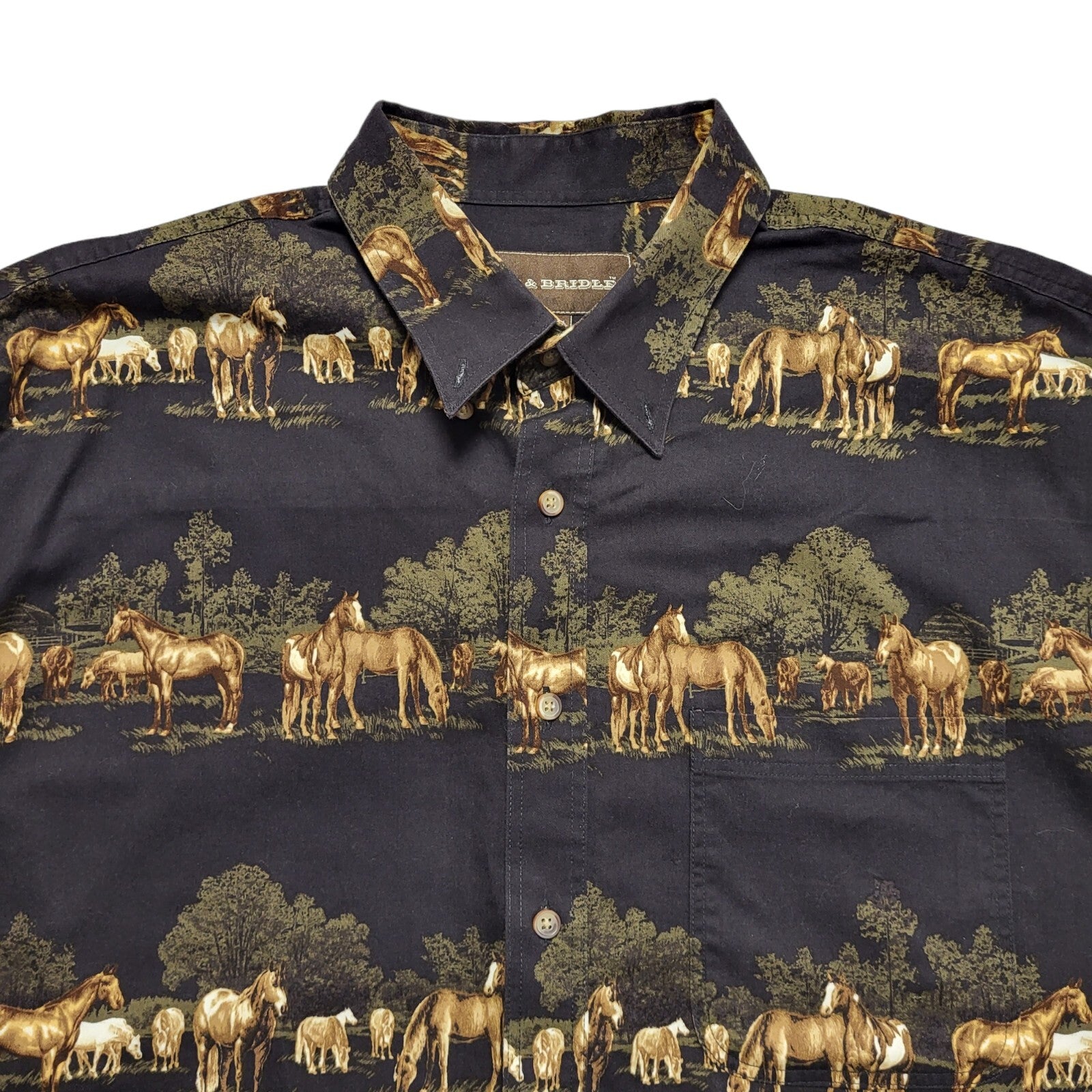 Bit & Bridle Vintage 80's Brown Horse Print Long Sleeve Shirt Men's UK Size L