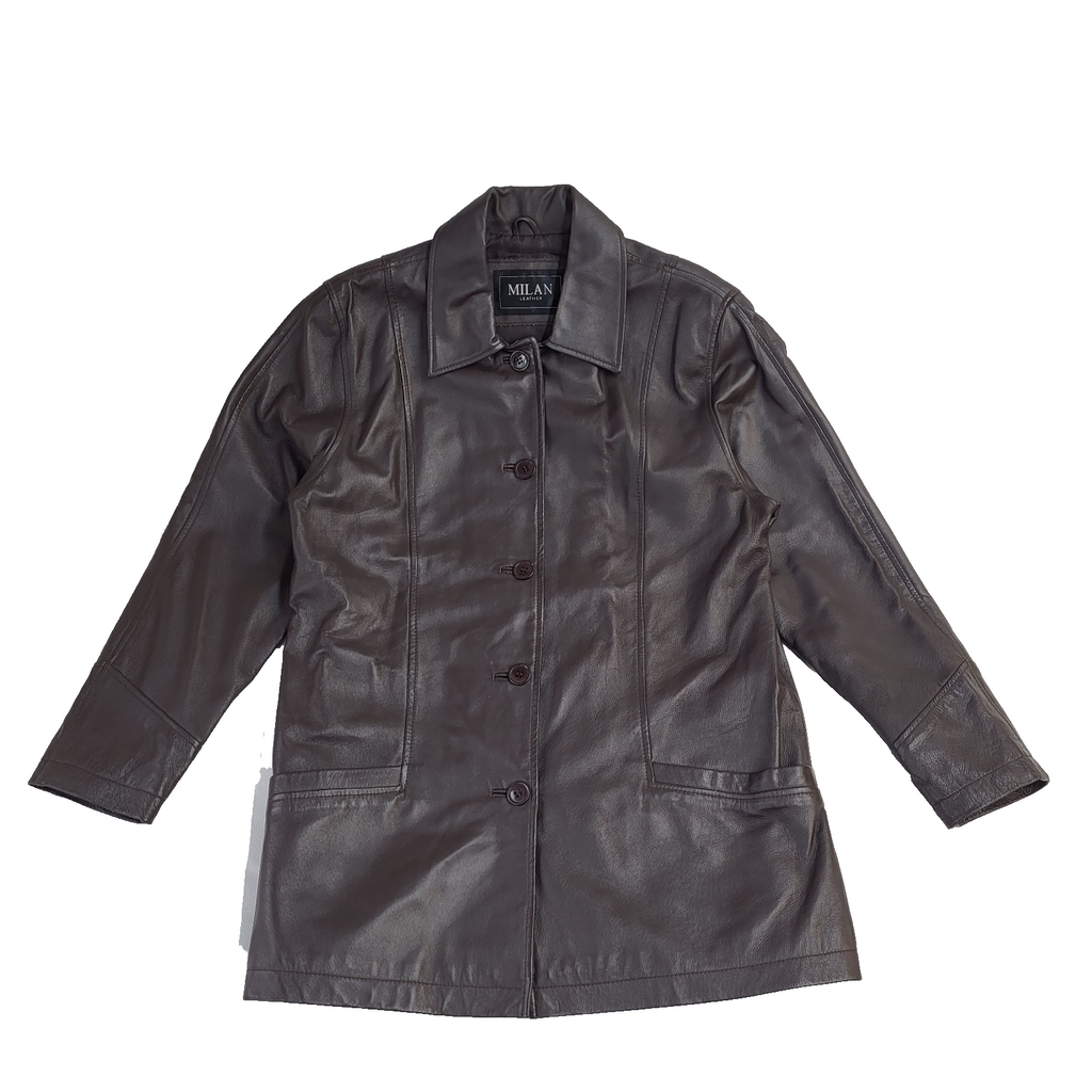 Milan Leather Brown Button Y2k Leather Coat UK Women's Size XL