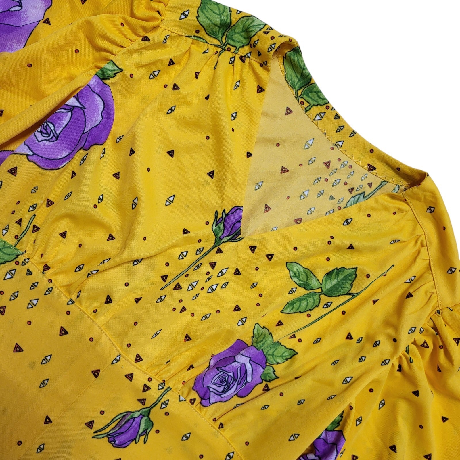 70s Vintage Yellow Purple Rose Short Sleeve A-Line Maxi Dress Women's Size 8