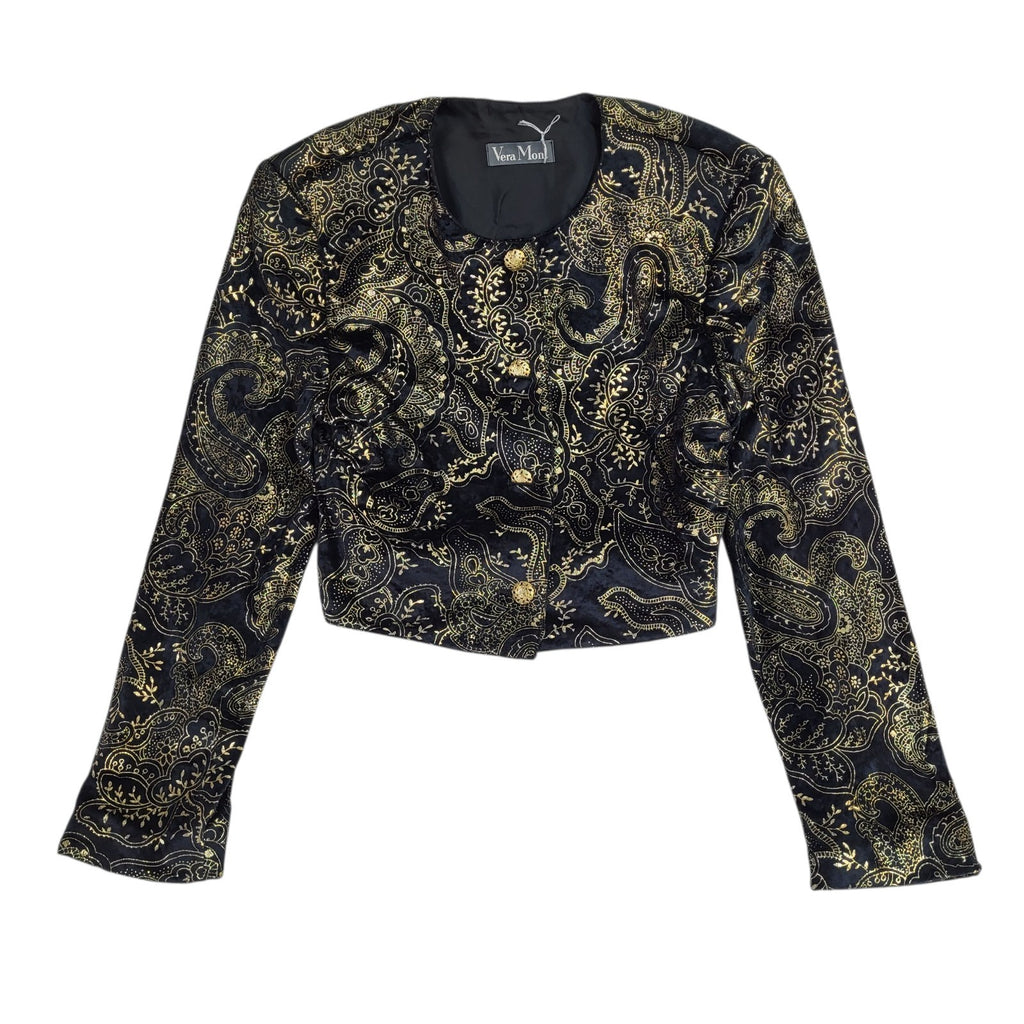 Vera Mont Black & Gold Abstract Cropped Jacket UK Women's Size L
