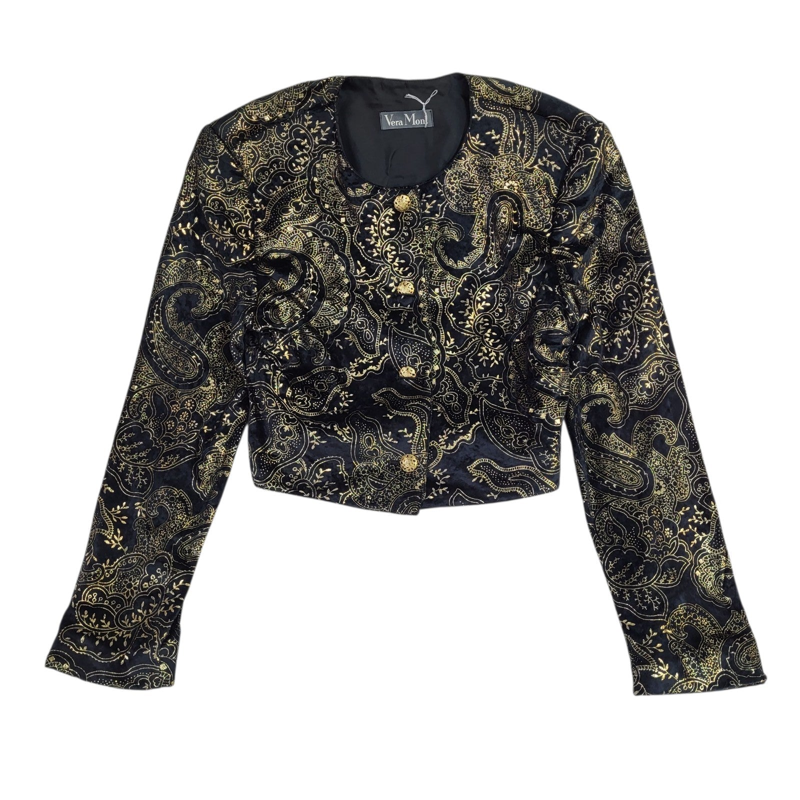 Vera Mont Black & Gold Abstract Cropped Jacket UK Women's Size L