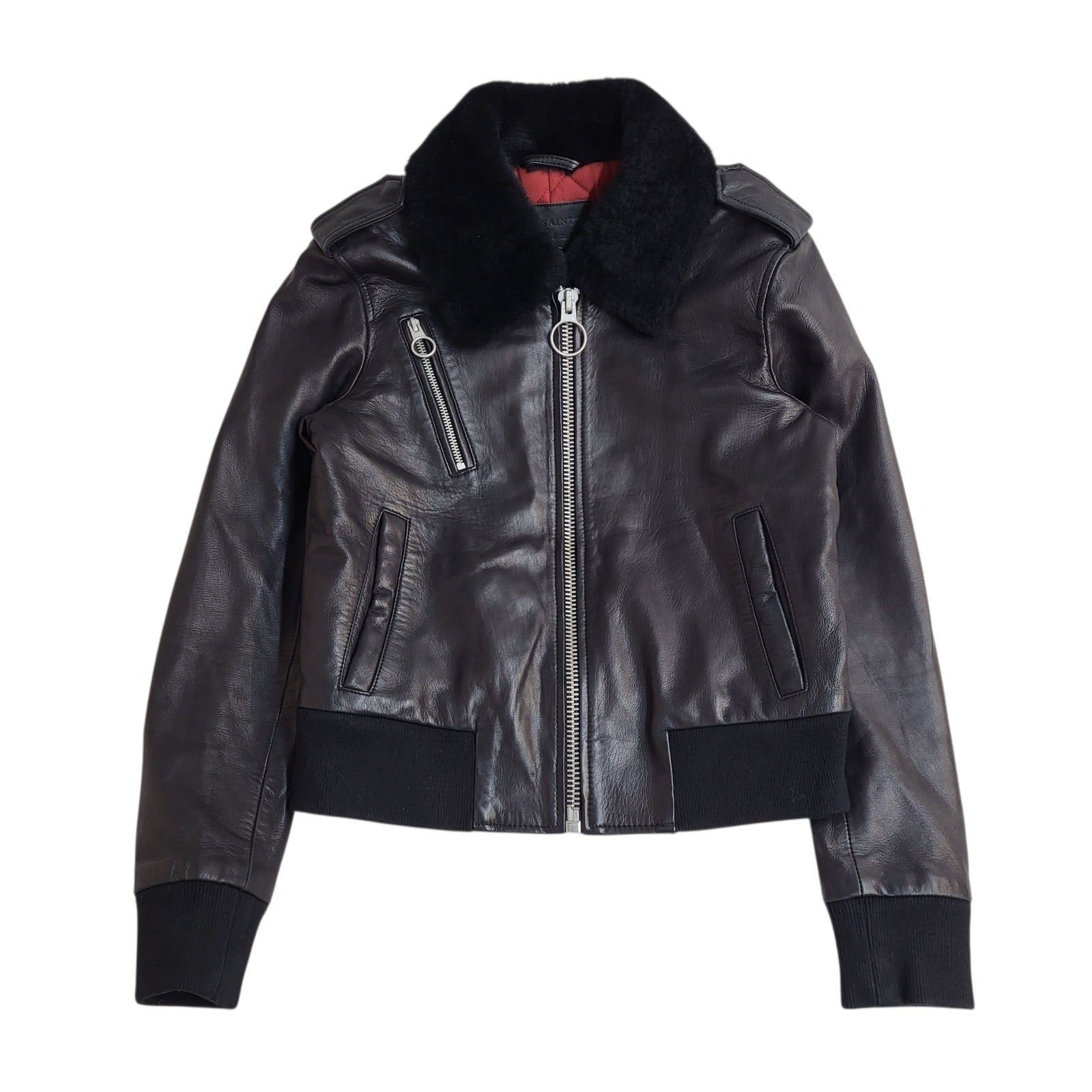 Allsaints Jacket Leather Y2k Dark Brown Zipped Uk Women's Size S