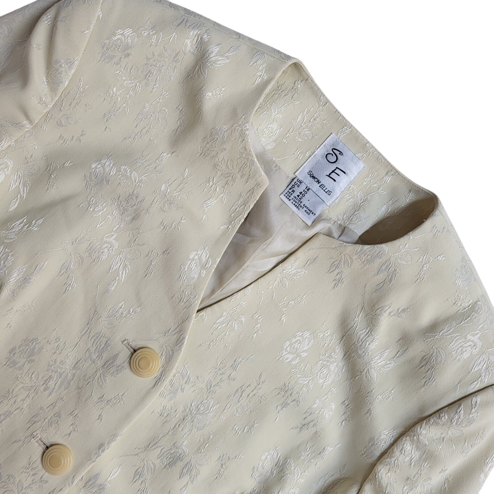 Simon Ellis Vintage 90s Cream Floral Button Coat UK Women's Size 14