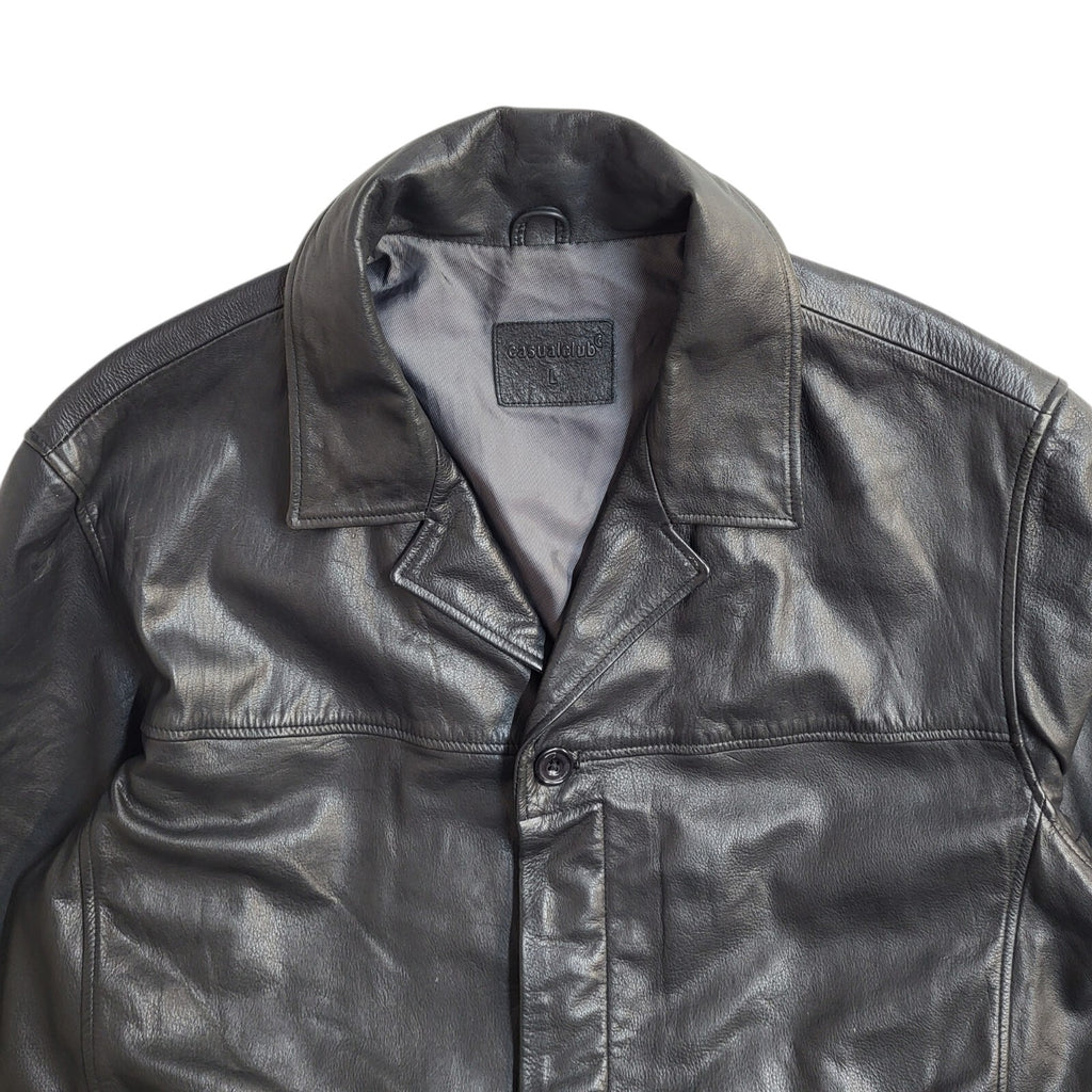 Casual Club Black 90s Button Vintage Leather Jacket Uk Men's Size L