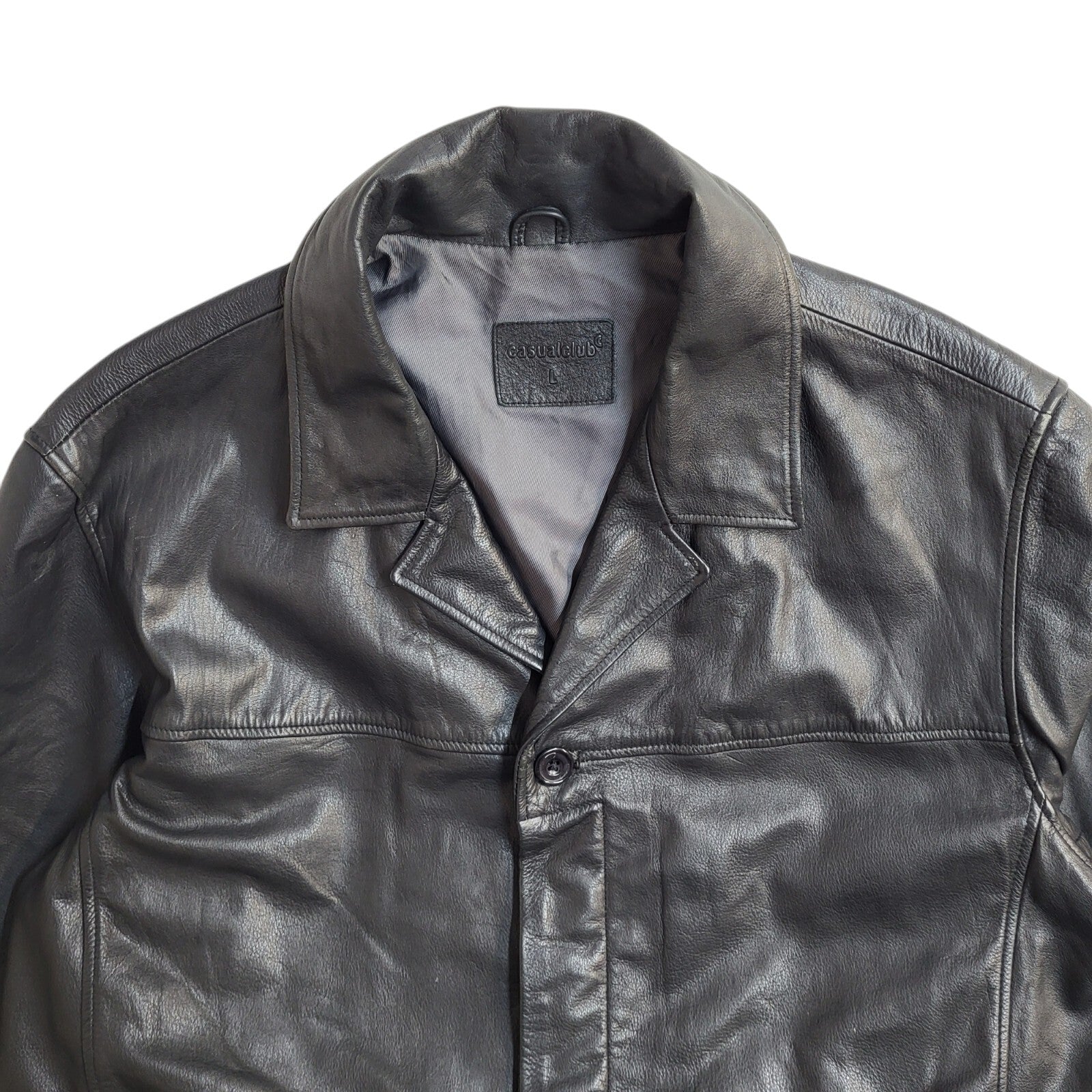 Casual Club Black 90s Button Vintage Leather Jacket Uk Men's Size L