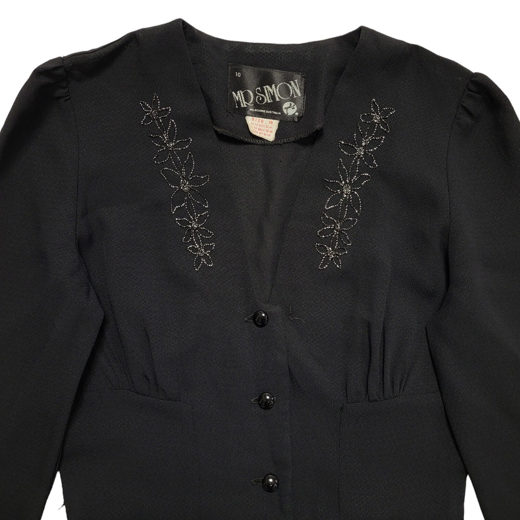 Mr Simon 80s Vintage Black V-Neck Long Sleeve Evening Dress Women's 10
