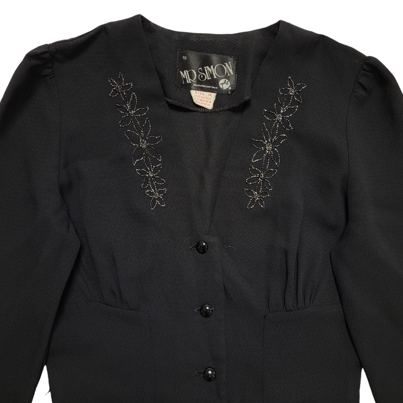 Mr Simon 80s Vintage Black V-Neck Long Sleeve Evening Dress Women's 10