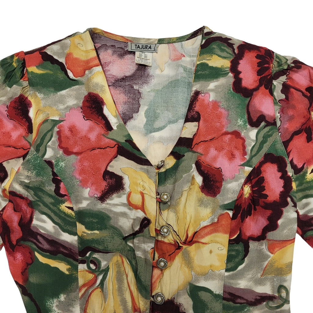 Tajura 80s Vintage Floral Multicoloured Buttoned A-Line Daywear Dress Women's 10