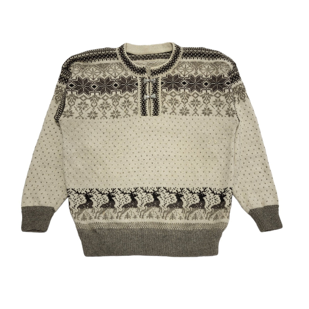 Vintage 80's Beige 1/4 Buckle Reindeer Jumper UK Womens Size XL