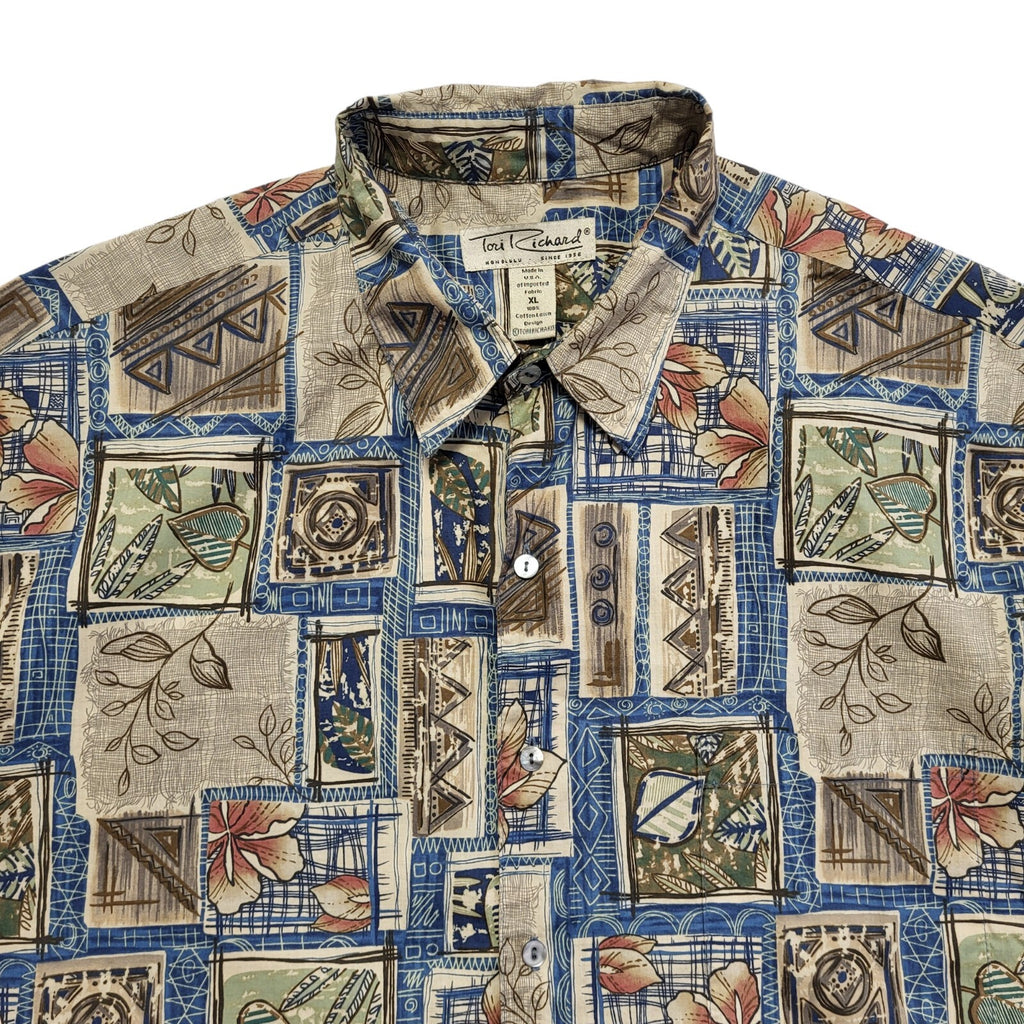 Tori Richard Vintage 90's Beige Blue Abstract Short Sleeve Shirt Men's UK XL
