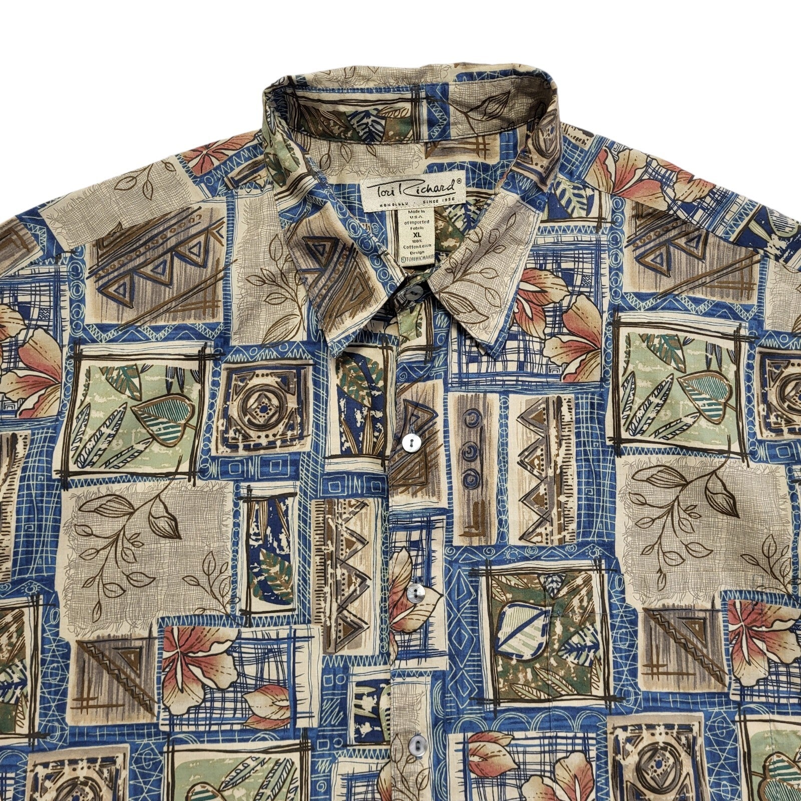 Tori Richard Vintage 90's Beige Blue Abstract Short Sleeve Shirt Men's UK XL