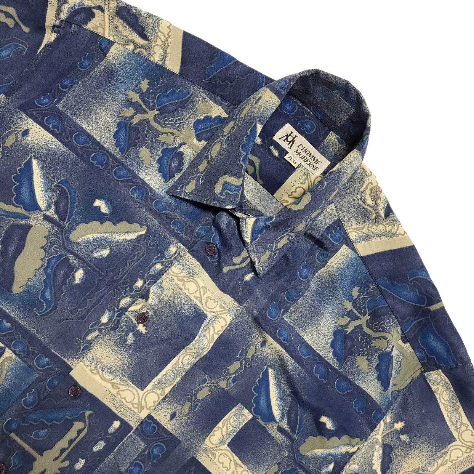 L'Homme Moderne 90's Blue & Grey Short Sleeve Retro Shirt Mens UK Size M