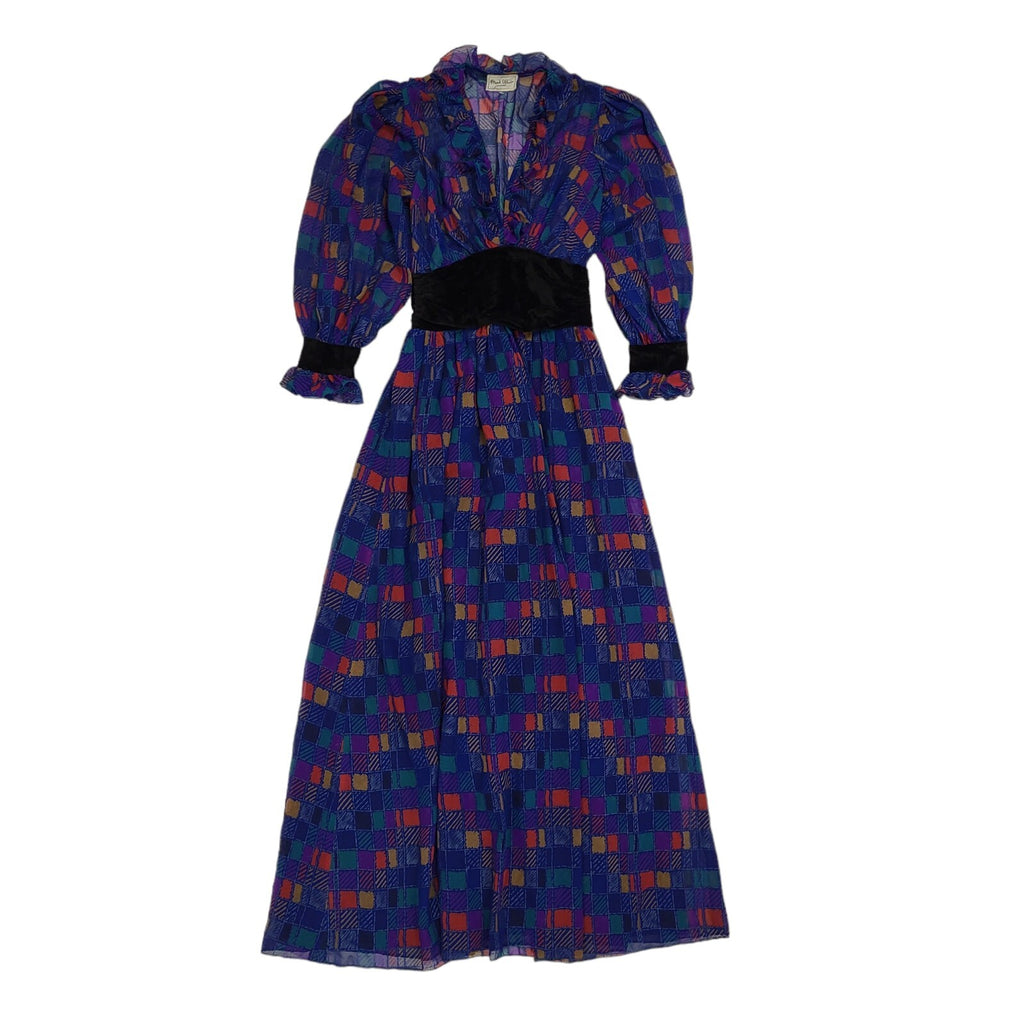 70s Vintage Frank Usher Blue & Purple Balloon Sleeve Maxi Dress Women's 8