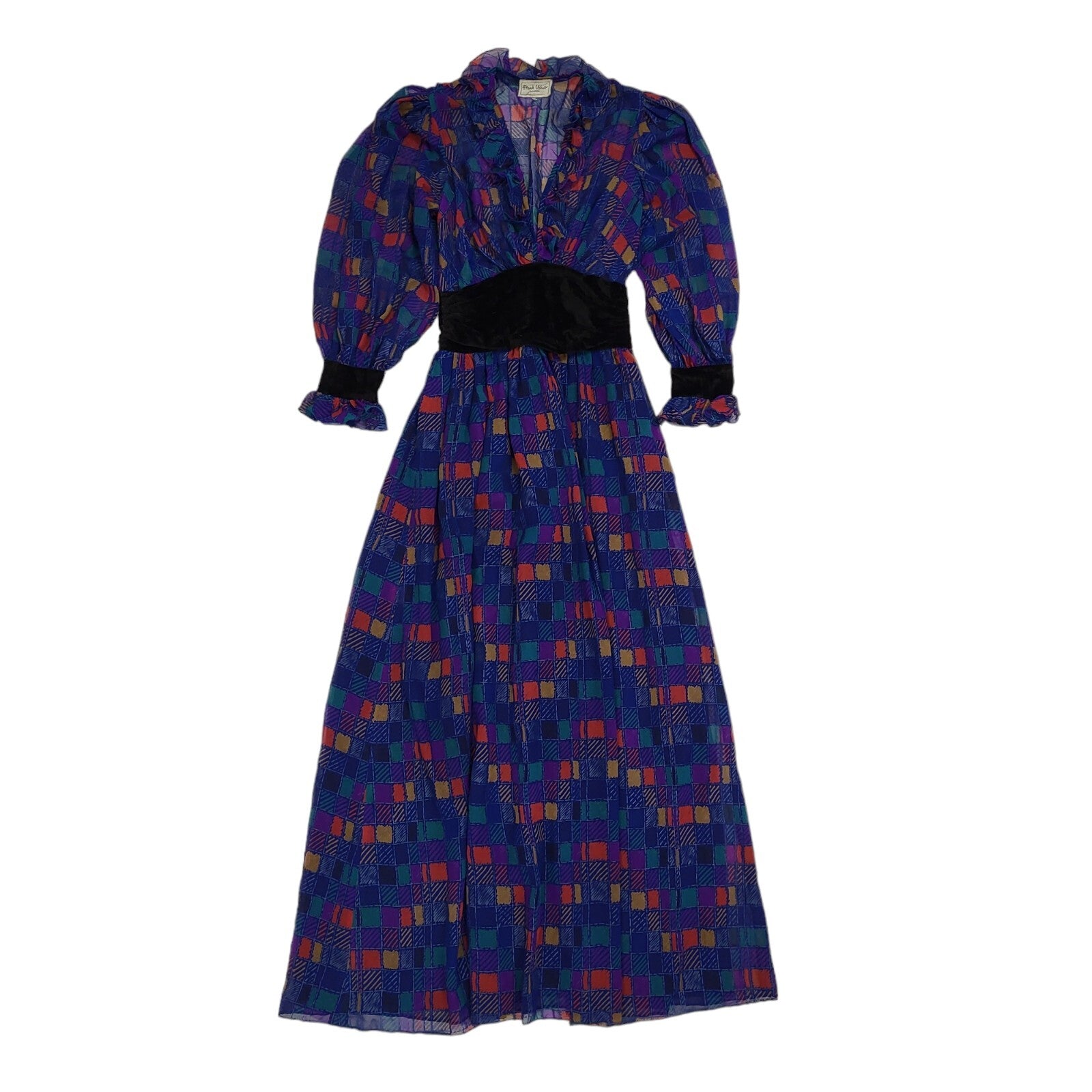 70s Vintage Frank Usher Blue & Purple Balloon Sleeve Maxi Dress Women's 8