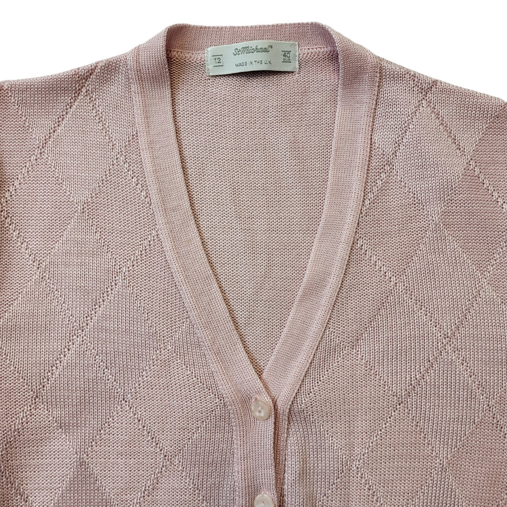 St Michael 90s Vintage Pink Argyle Button Cardigan Women's Size 12 Eu 40