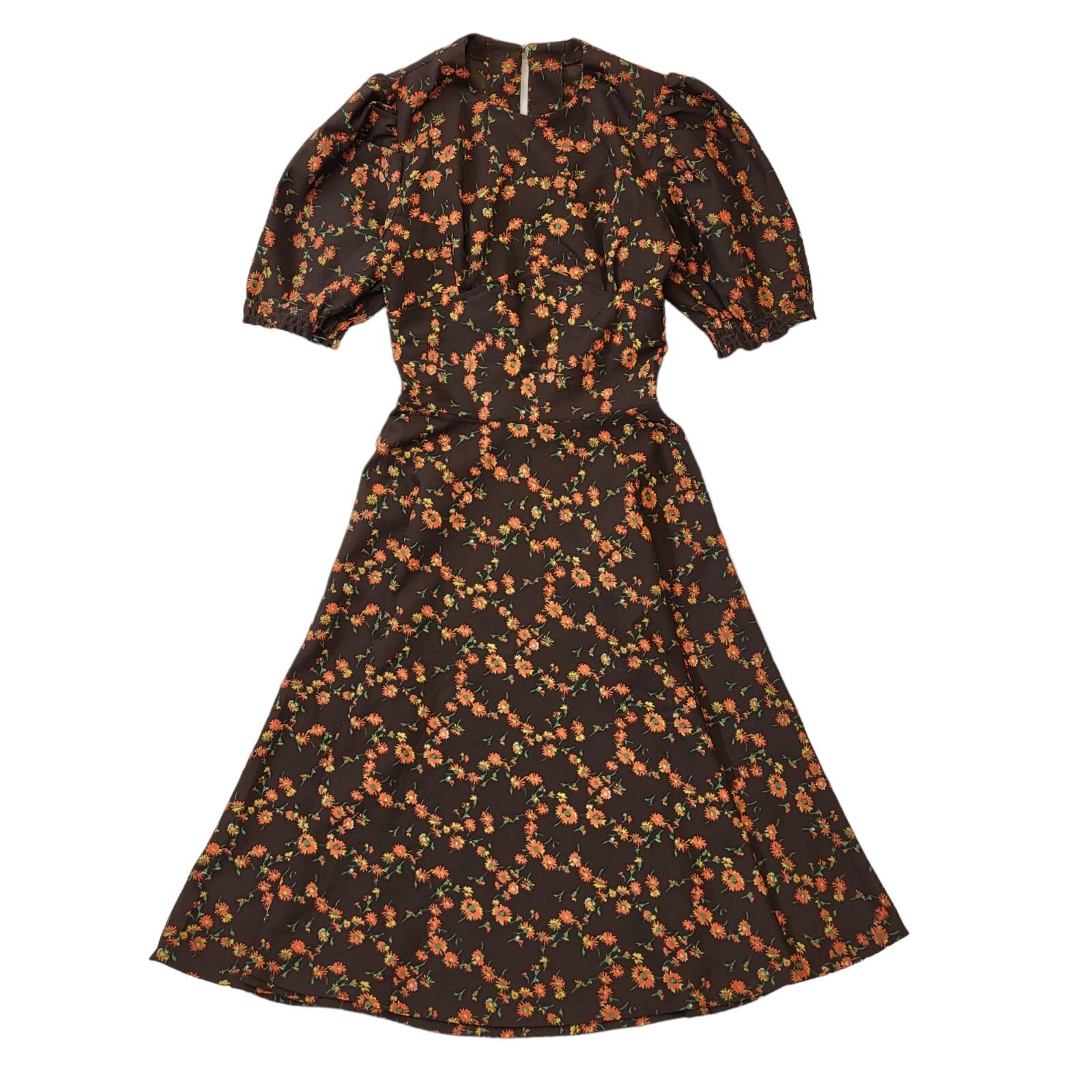 70s Vintage Brown Floral A-Line Dress Women's Size 4-6