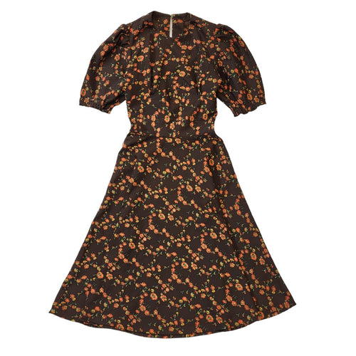 70s Vintage Brown Floral A-Line Dress Women's Size 4-6
