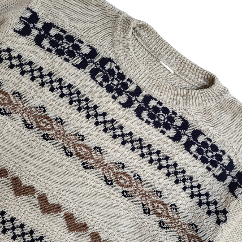 Vintage 90's Beige Striped Round Neck Jumper UK Women's Size 14