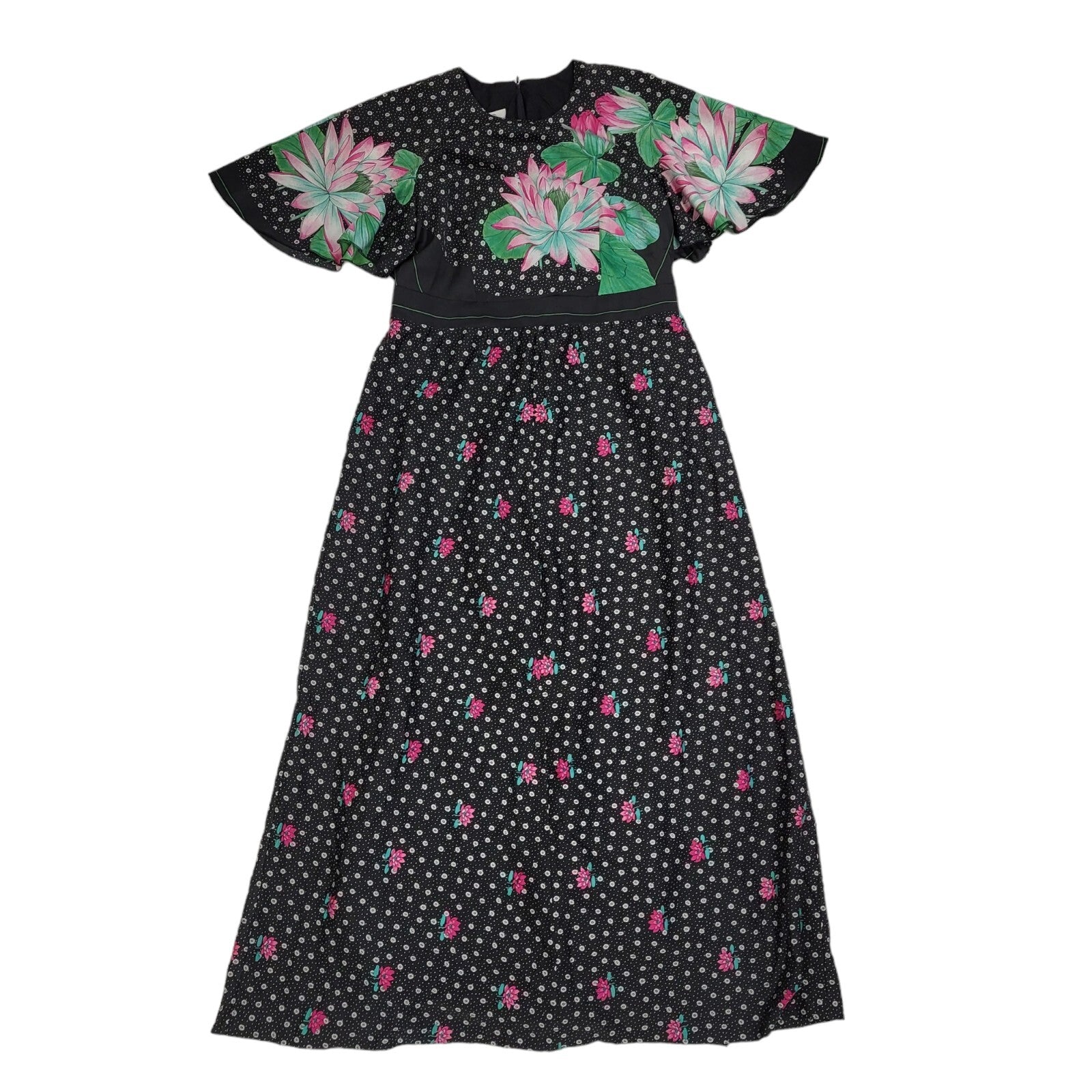 70s Vintage Black & Green Flutter Sleeve Floral Maxi Dress Women's 14